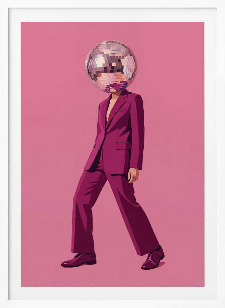 A person with a disco ball for a head wearing a magenta suit against a pink background, surreal wall art.