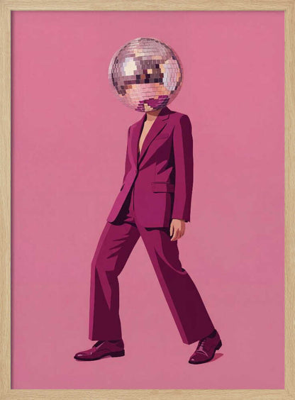A person with a disco ball for a head wearing a magenta suit against a pink background, surreal wall art.