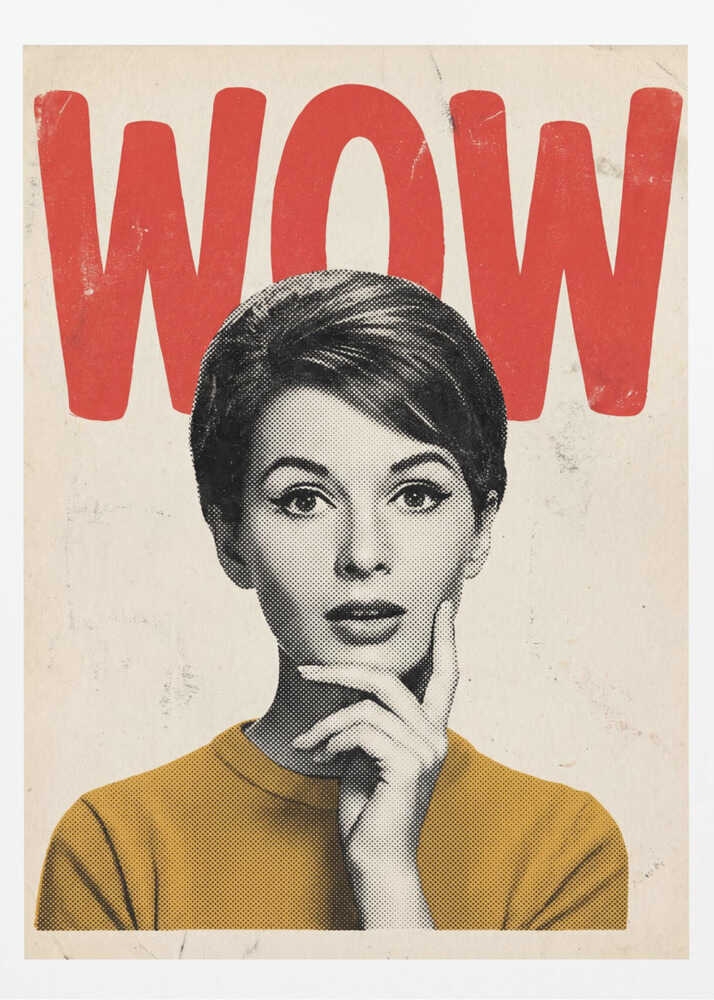 Pop art poster of a surprised woman in a yellow sweater with the word 'WOW' in red text.