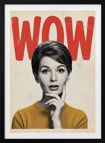 Pop art poster of a surprised woman in a yellow sweater with the word 'WOW' in red text.