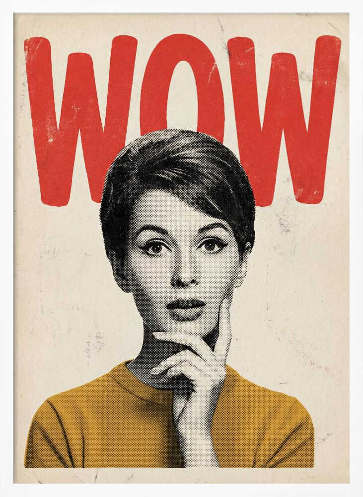 Pop art poster of a surprised woman in a yellow sweater with the word 'WOW' in red text.