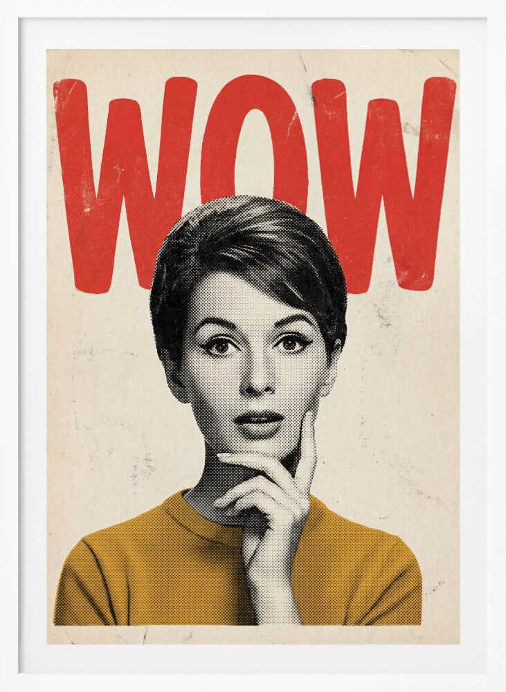 Pop art poster of a surprised woman in a yellow sweater with the word 'WOW' in red text.
