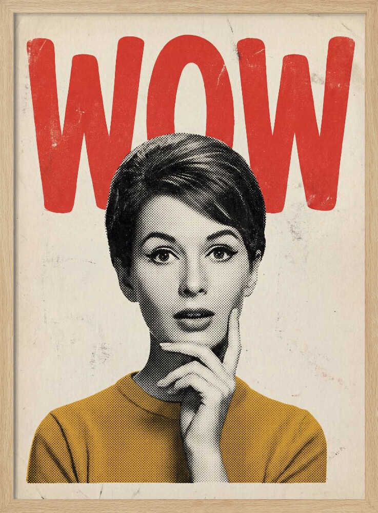 Pop art poster of a surprised woman in a yellow sweater with the word 'WOW' in red text.
