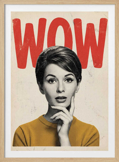 Pop art poster of a surprised woman in a yellow sweater with the word 'WOW' in red text.