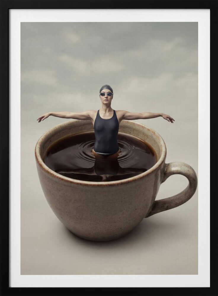 Surreal art print of a woman in a swimsuit swimming in a giant cup of coffee.