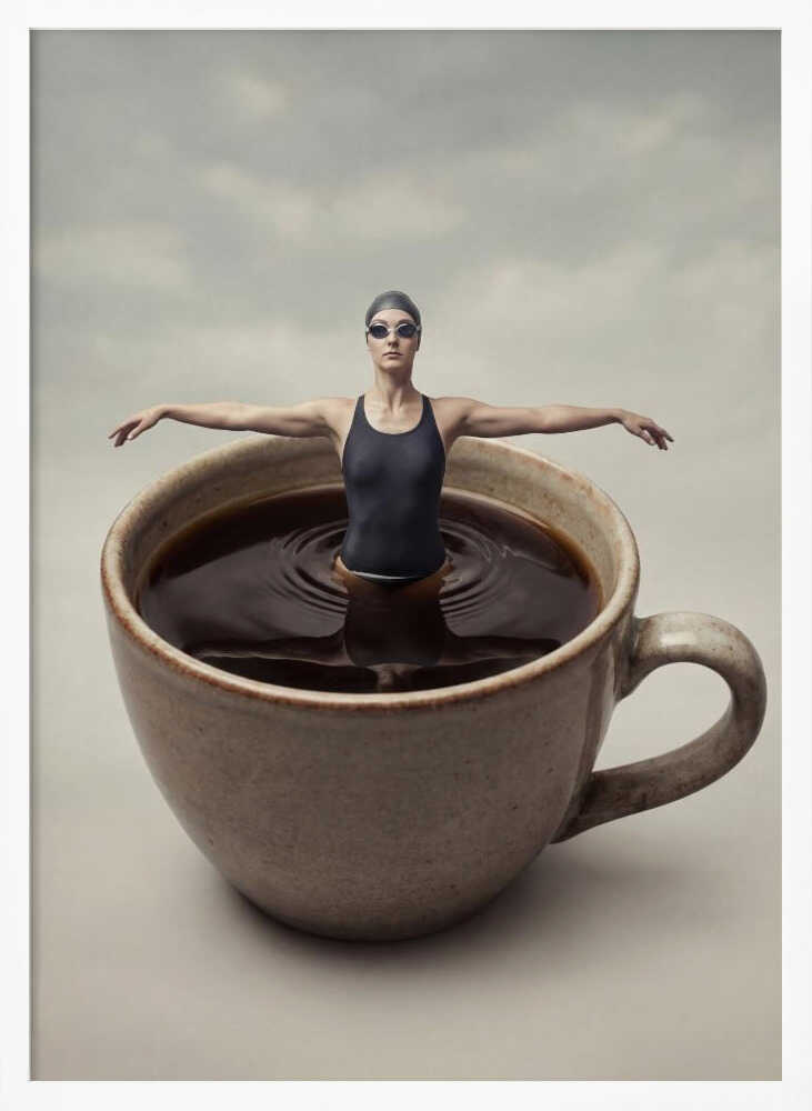 Surreal art print of a woman in a swimsuit swimming in a giant cup of coffee.