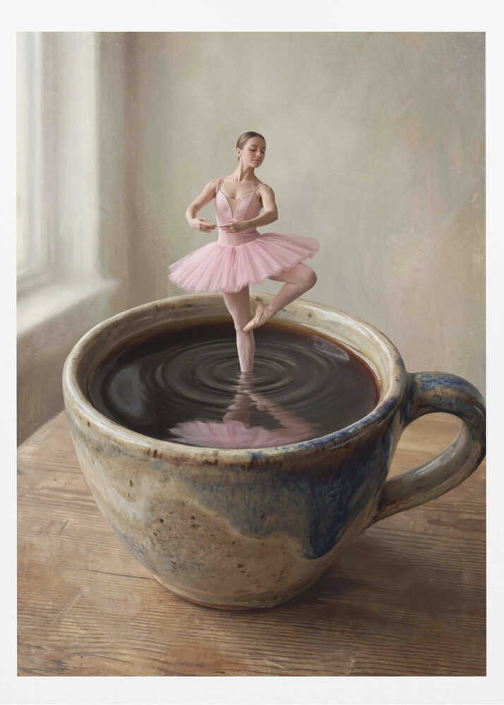 A small ballerina in a pink tutu dances gracefully in a large cup of black coffee.