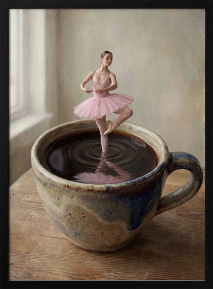 A small ballerina in a pink tutu dances gracefully in a large cup of black coffee.