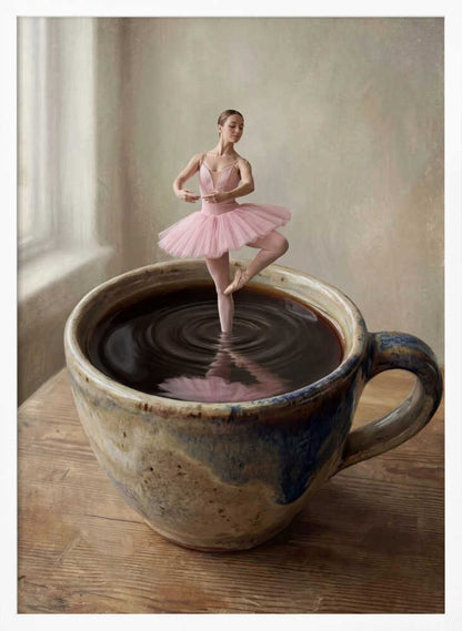 A small ballerina in a pink tutu dances gracefully in a large cup of black coffee.