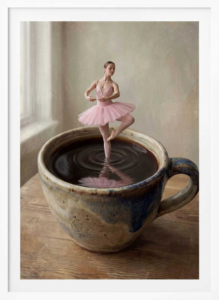 A small ballerina in a pink tutu dances gracefully in a large cup of black coffee.