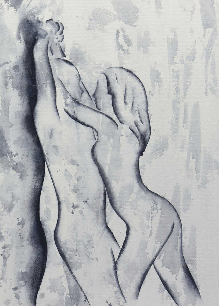 Black and white watercolor painting of an embracing nude couple in a passionate pose, romantic art.