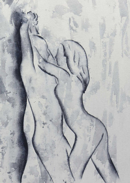 Black and white watercolor painting of an embracing nude couple in a passionate pose, romantic art.