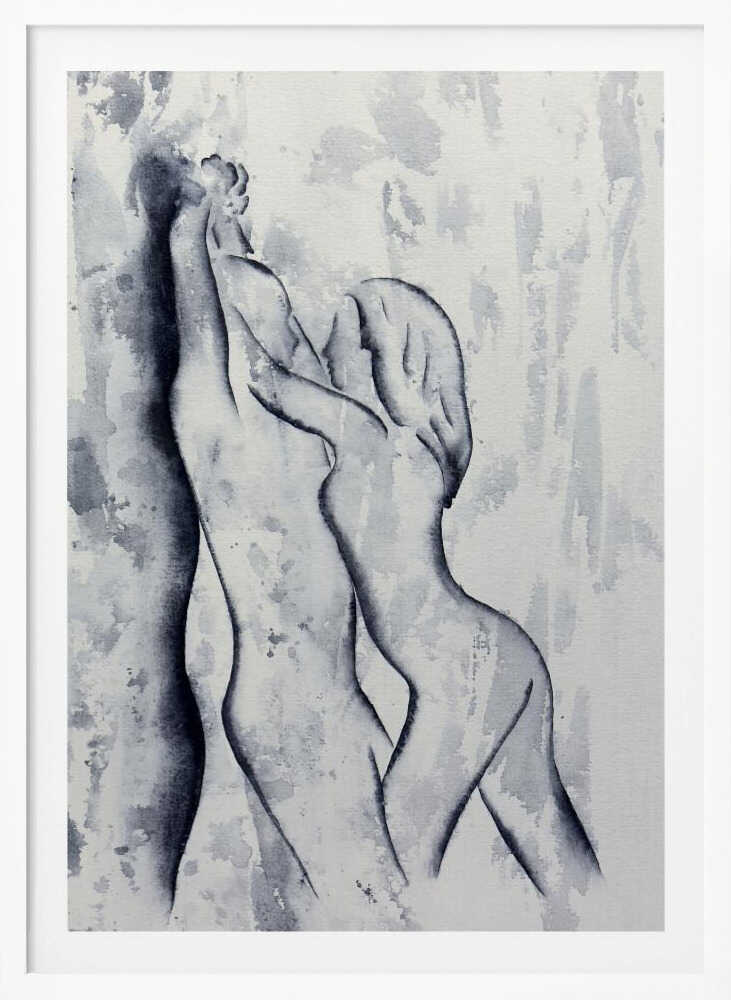 Black and white watercolor painting of an embracing nude couple in a passionate pose, romantic art.