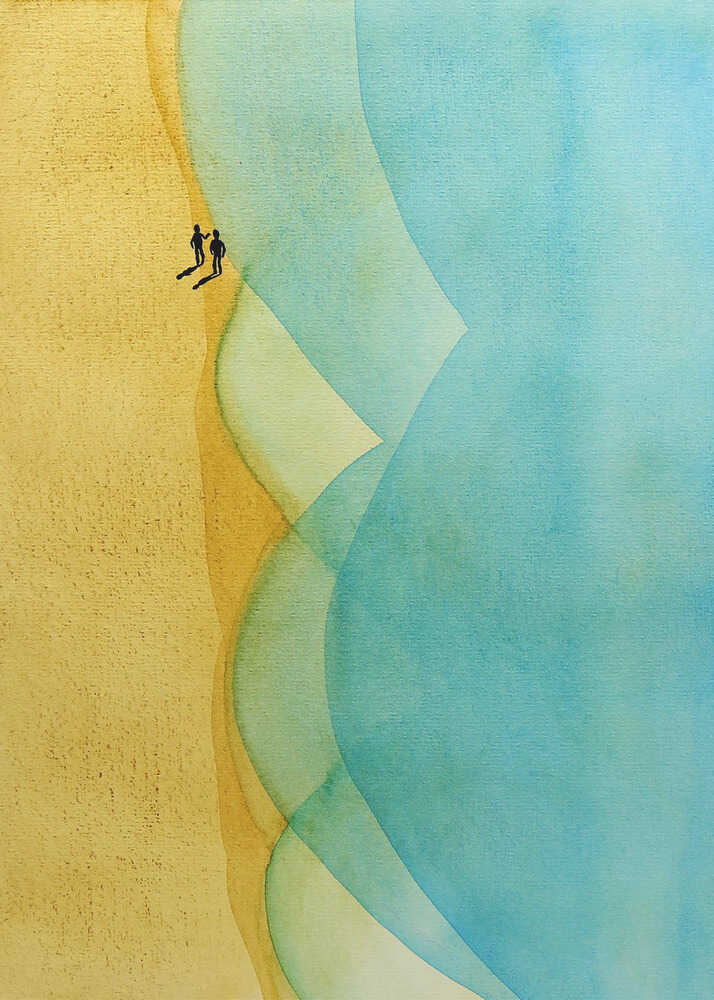 Abstract watercolor art of two figures on a golden beach with large, flowing blue ocean waves.