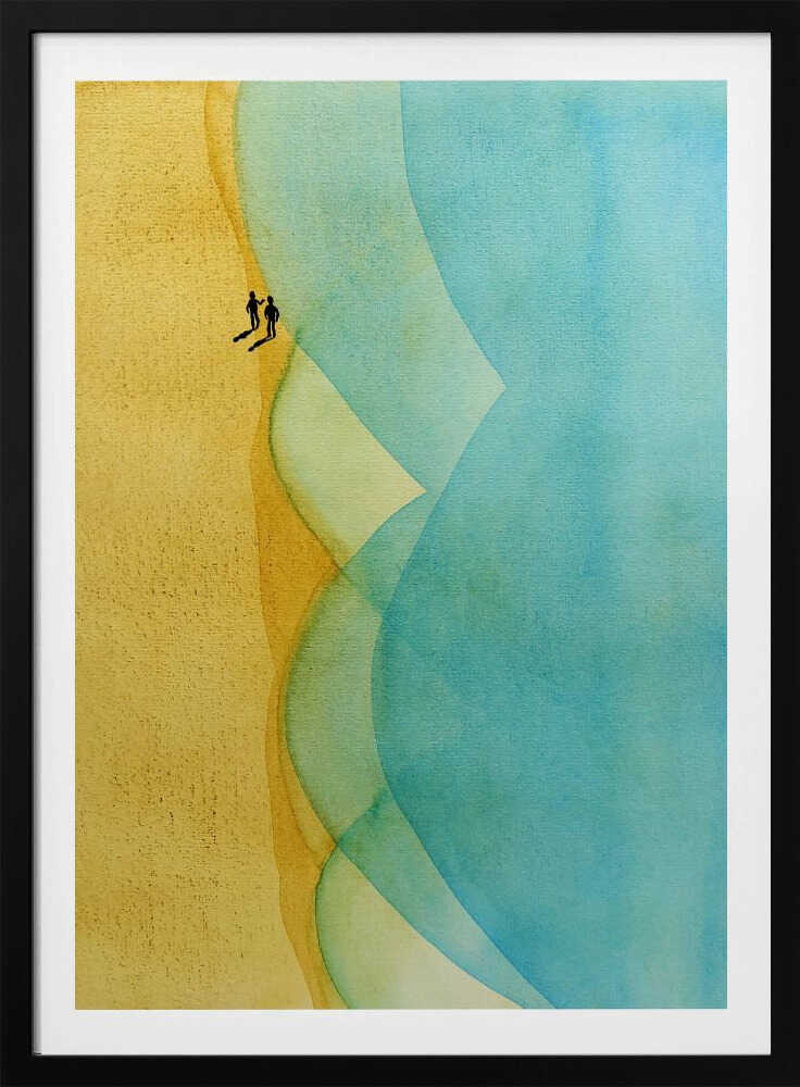 Abstract watercolor art of two figures on a golden beach with large, flowing blue ocean waves.