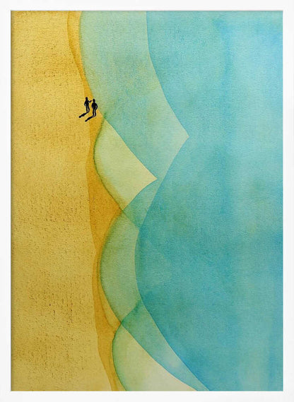 Abstract watercolor art of two figures on a golden beach with large, flowing blue ocean waves.