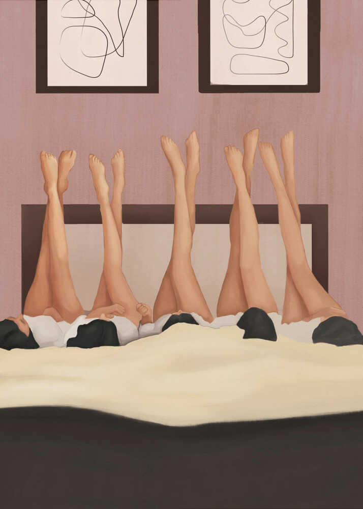 Illustration of several women's legs in the air, relaxing in bed under a duvet in a pink room.