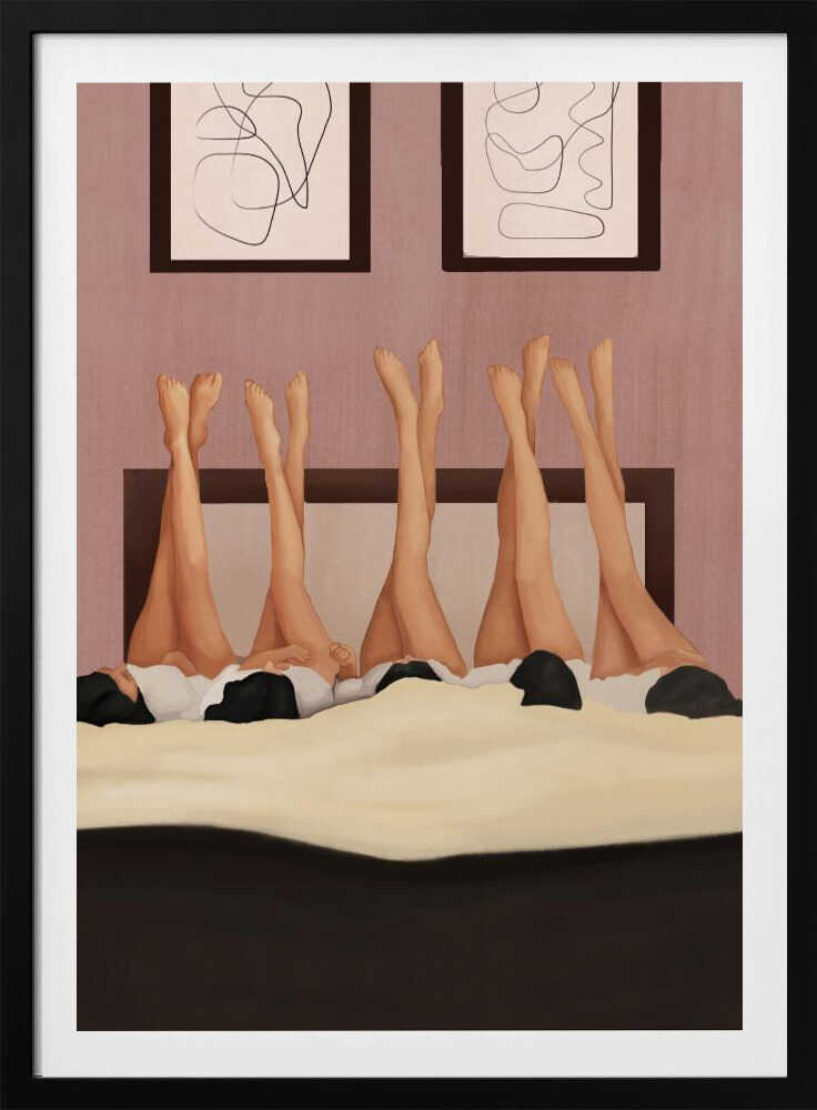 Illustration of several women's legs in the air, relaxing in bed under a duvet in a pink room.