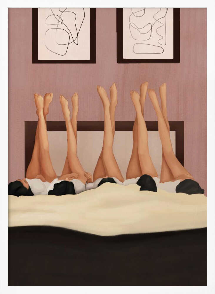 Illustration of several women's legs in the air, relaxing in bed under a duvet in a pink room.