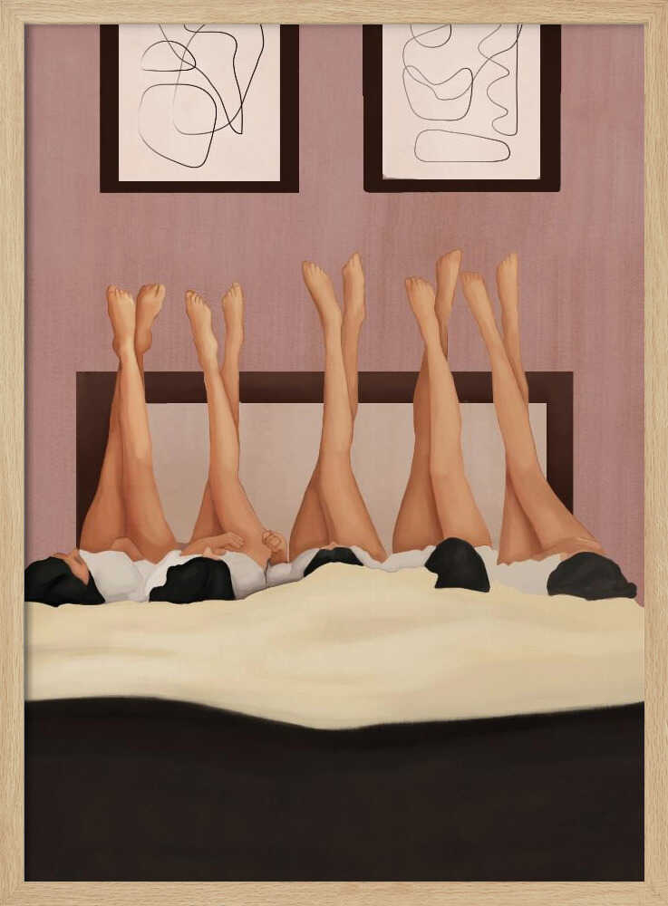 Illustration of several women's legs in the air, relaxing in bed under a duvet in a pink room.