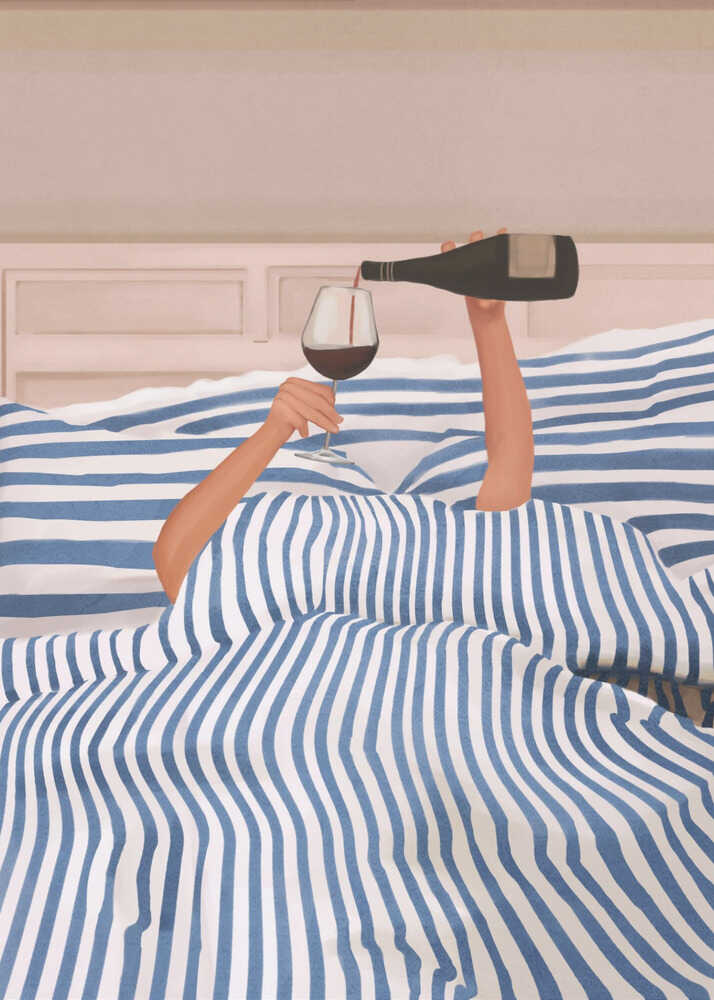 Arms emerging from a blue and white striped duvet to pour a glass of red wine in bed, an illustration.