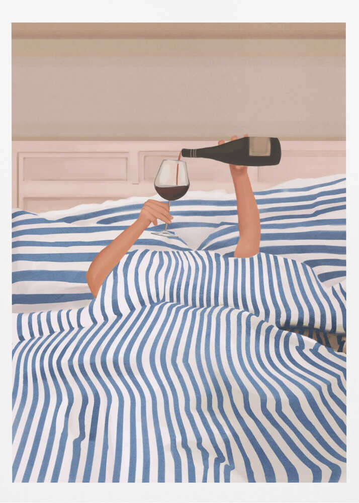 Arms emerging from a blue and white striped duvet to pour a glass of red wine in bed, an illustration.