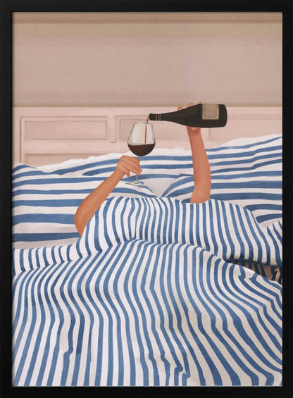 Arms emerging from a blue and white striped duvet to pour a glass of red wine in bed, an illustration.