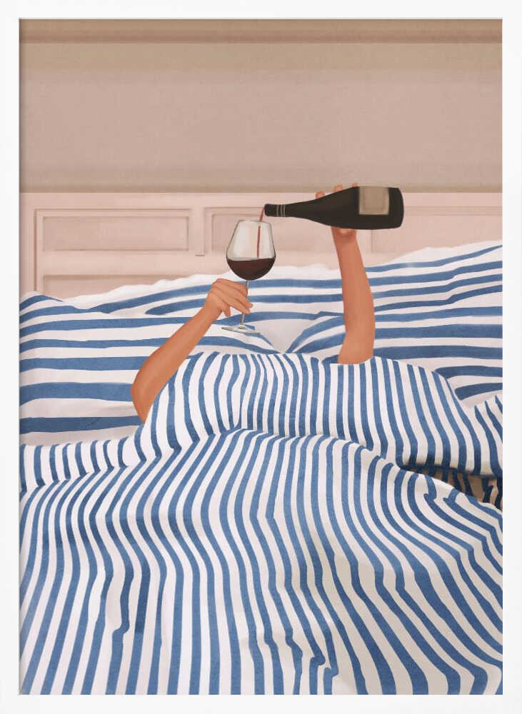 Arms emerging from a blue and white striped duvet to pour a glass of red wine in bed, an illustration.