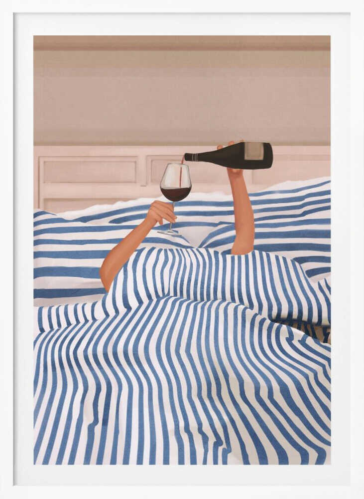 Arms emerging from a blue and white striped duvet to pour a glass of red wine in bed, an illustration.