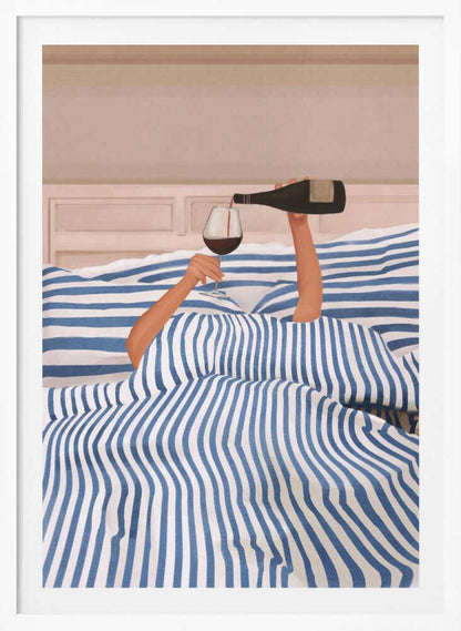 Arms emerging from a blue and white striped duvet to pour a glass of red wine in bed, an illustration.