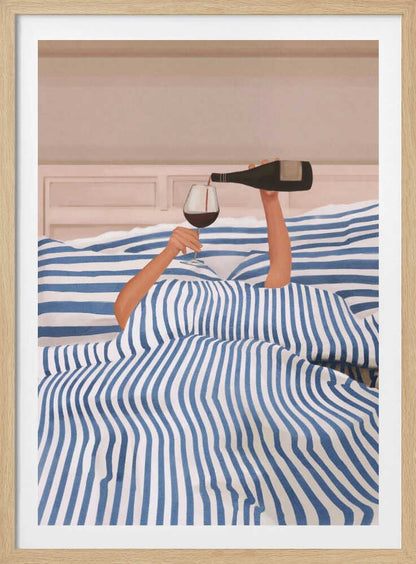 Arms emerging from a blue and white striped duvet to pour a glass of red wine in bed, an illustration.