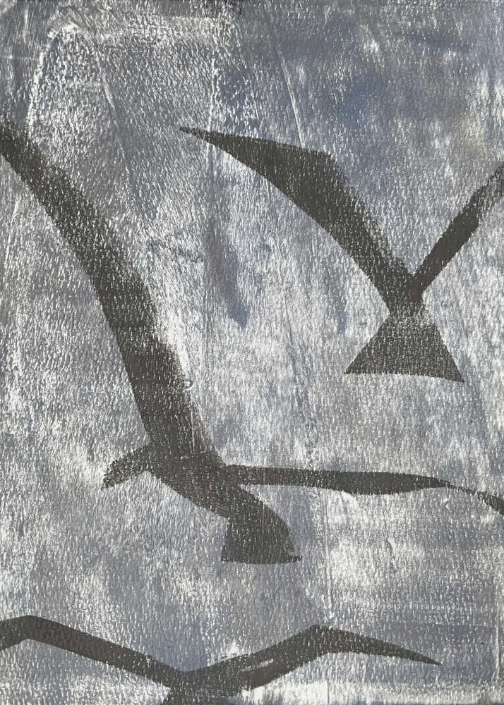 Abstract painting of black bird silhouettes flying against a textured silver background, framed wall art.