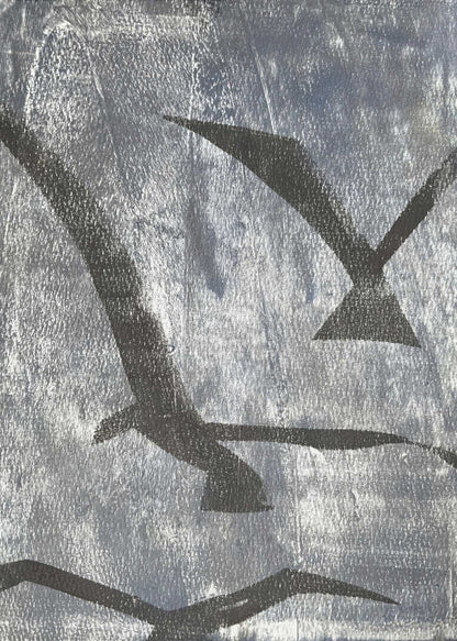 Abstract painting of black bird silhouettes flying against a textured silver background, framed wall art.