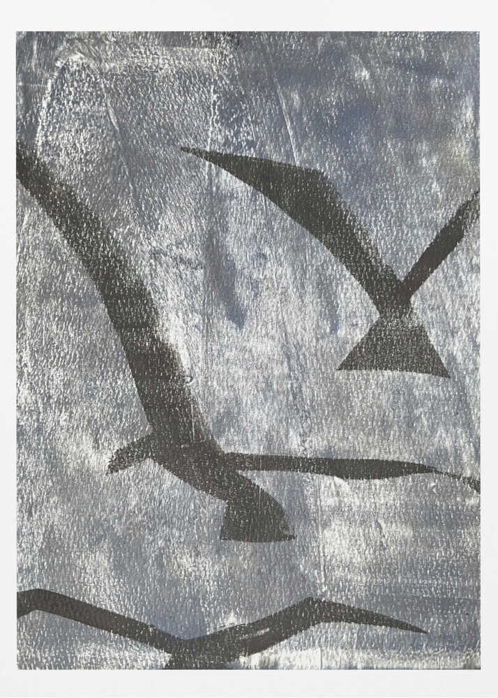Abstract painting of black bird silhouettes flying against a textured silver background, framed wall art.