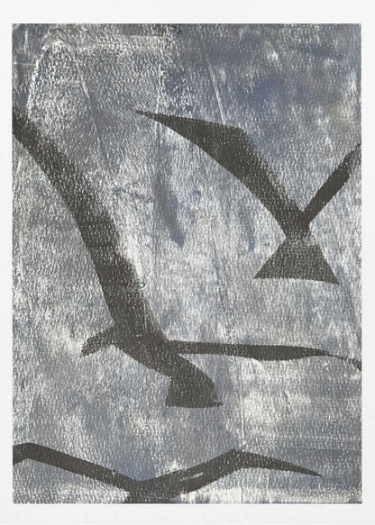 Abstract painting of black bird silhouettes flying against a textured silver background, framed wall art.