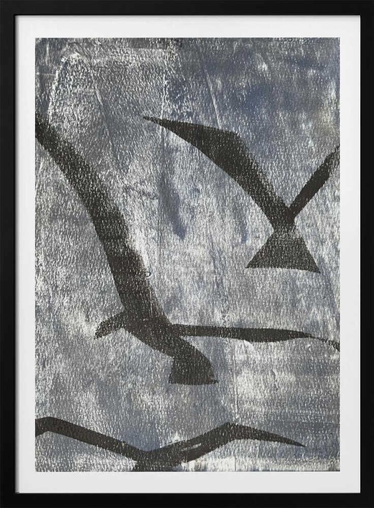 Abstract painting of black bird silhouettes flying against a textured silver background, framed wall art.