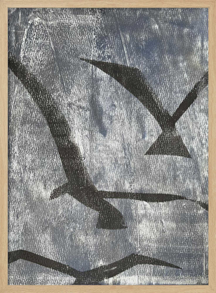 Abstract painting of black bird silhouettes flying against a textured silver background, framed wall art.