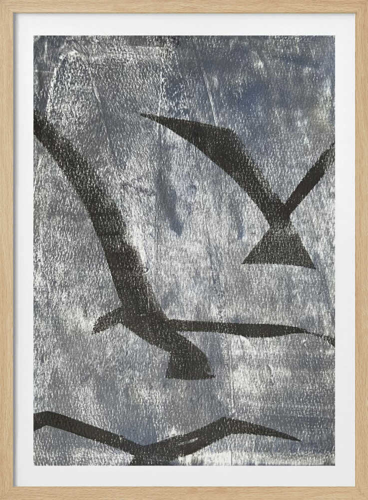 Abstract painting of black bird silhouettes flying against a textured silver background, framed wall art.