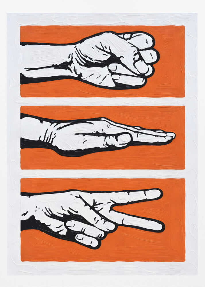 Stylized Rock Paper Scissors game art print, perfect for a game room or office wall.