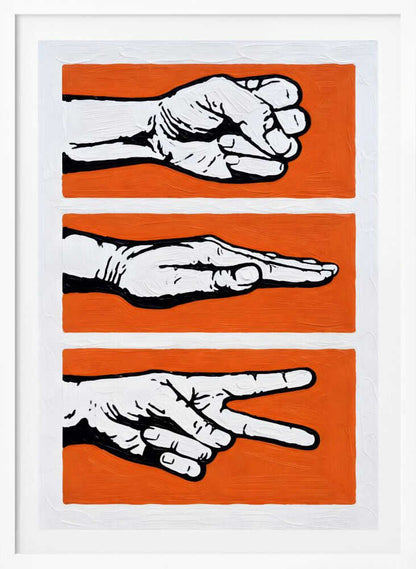 Stylized Rock Paper Scissors game art print, perfect for a game room or office wall.