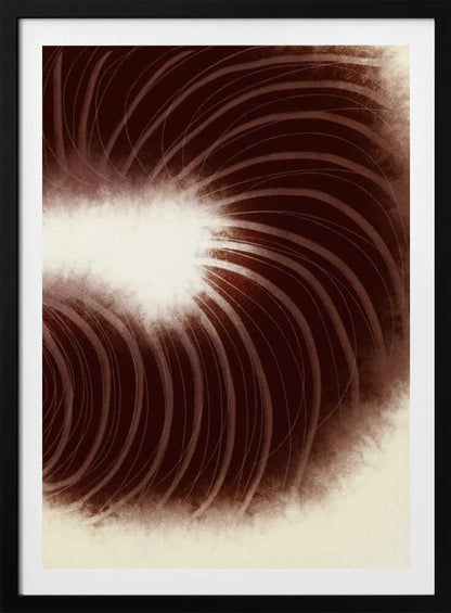 Abstract art with swirling dark brown lines radiating from a soft, bright white center.