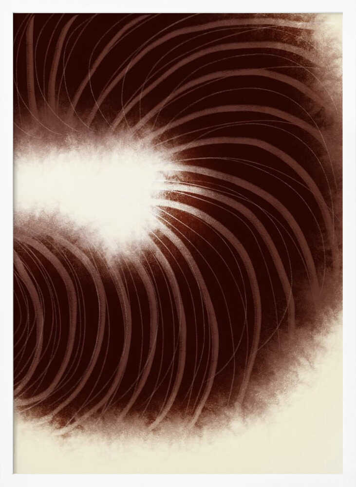 Abstract art with swirling dark brown lines radiating from a soft, bright white center.