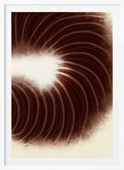 Abstract art with swirling dark brown lines radiating from a soft, bright white center.