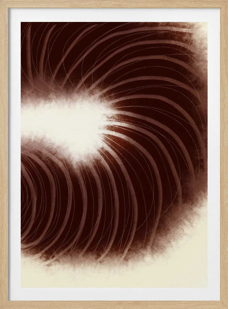 Abstract art with swirling dark brown lines radiating from a soft, bright white center.