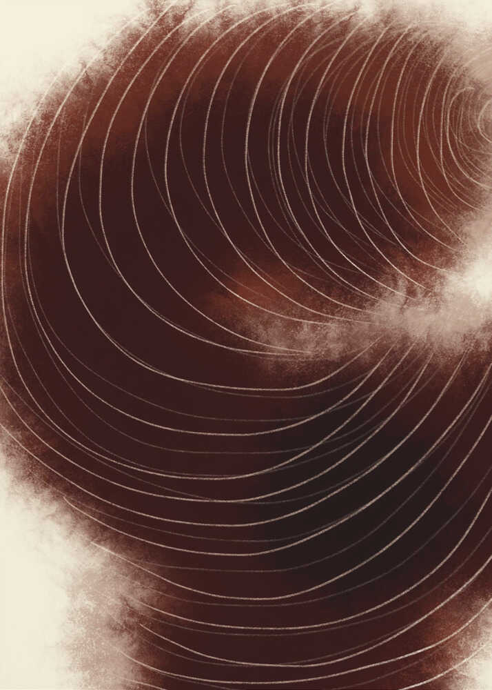 Abstract vortex of fine white lines swirling on a deep, textured brown background.
