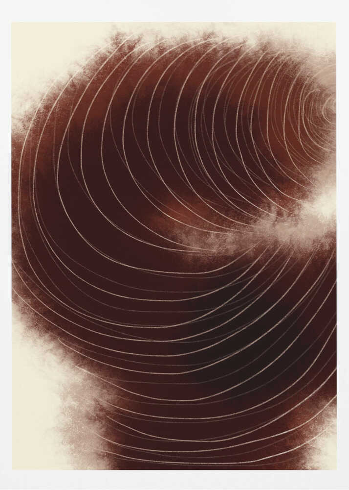 Abstract vortex of fine white lines swirling on a deep, textured brown background.
