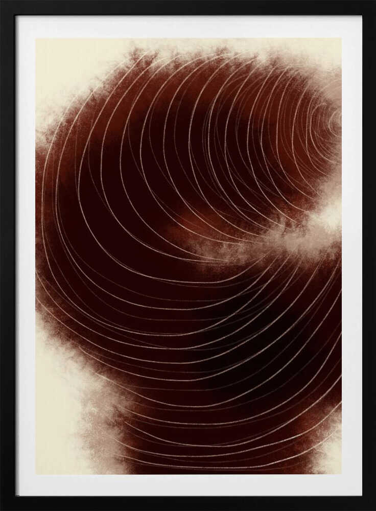 Abstract vortex of fine white lines swirling on a deep, textured brown background.