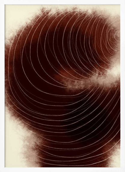 Abstract vortex of fine white lines swirling on a deep, textured brown background.