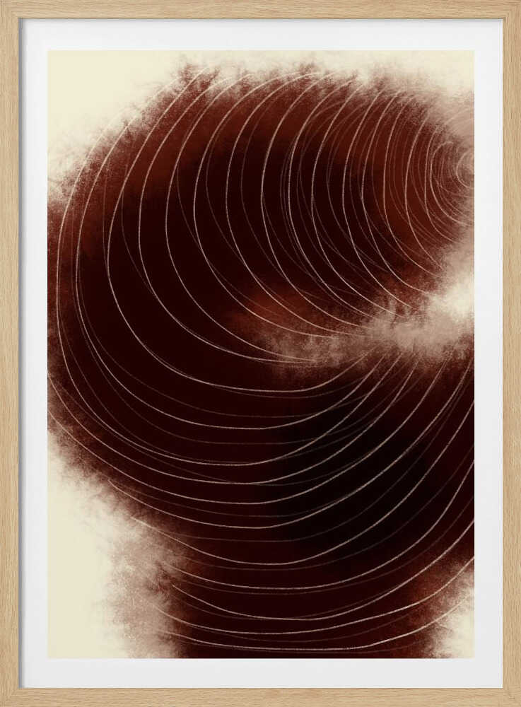Abstract vortex of fine white lines swirling on a deep, textured brown background.