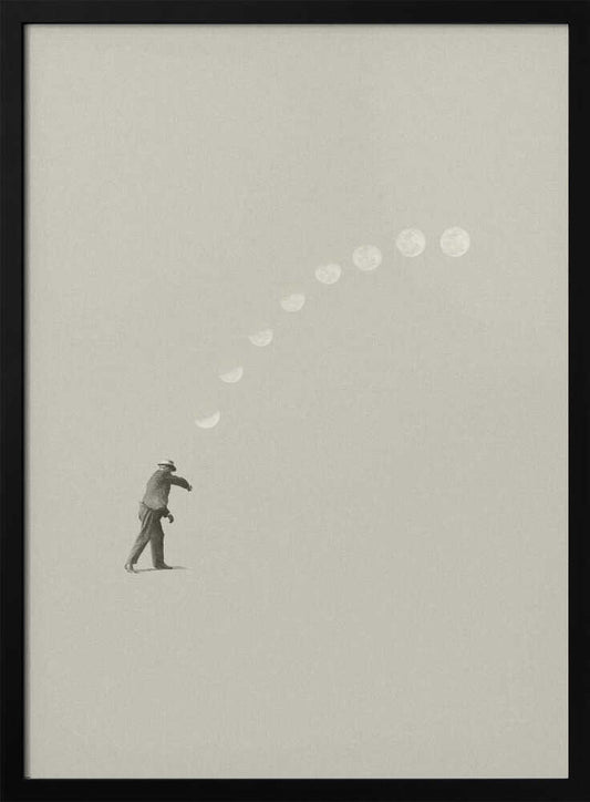 A man tosses the phases of the moon into the sky in a surreal, minimalist art piece.